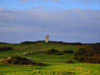 A large standing stone set on a grassy hill surrounded by green fields and low bushes, with a dramatic sky overhead.