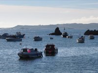Several small boats and fishing vessels moored in calm blue water near dark rocky outcrops, with low-lying hills and distant shoreline visible under a lightly clouded sky.