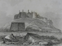 An old black-and-white picture depicting Mont Crevelt on a rocky hill, with weathered stone walls, several chimneys, adjacent buildings, and rounded defensive structures at the shoreline.